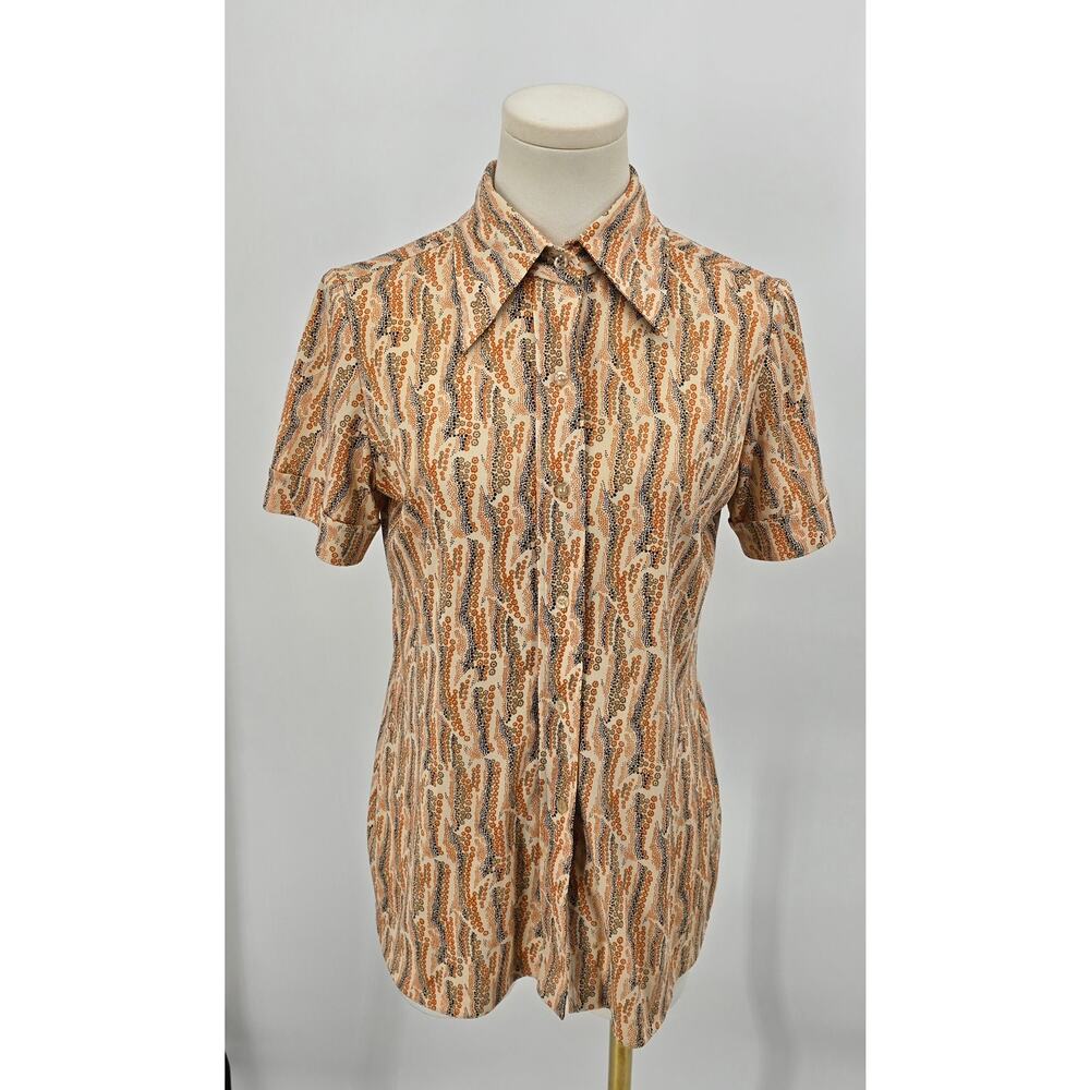 Vintage 70s Flower Power Retro Jersey House Abstract Print Blouse